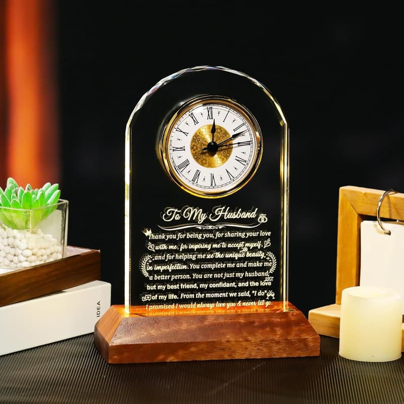 Personalized Glass Clock with Wooden Base for Husband's Birthday