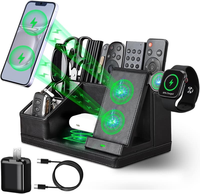 Black Leather Desk Organizer with Charging Station