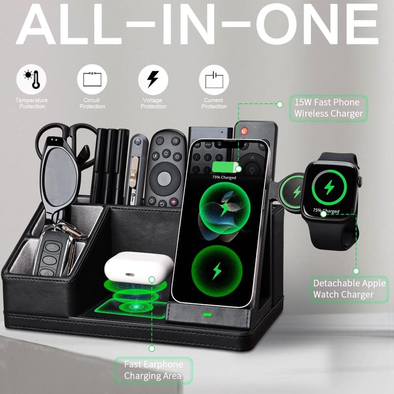 Black Leather Desk Organizer with Charging Station