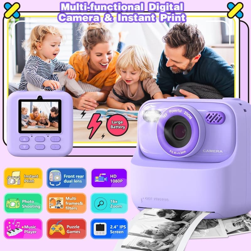 Kids Instant Print Camera - 1080P HD, Ideal Birthday Gift