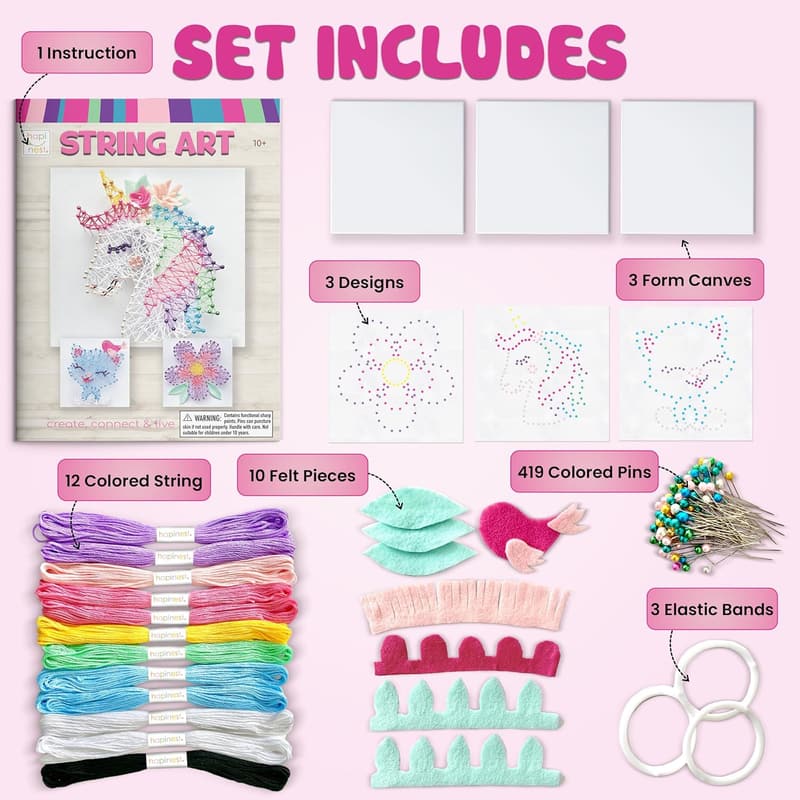 3D String Art Craft Kit for Girls, Ages 10+ - Unicorn, Cat & Flower