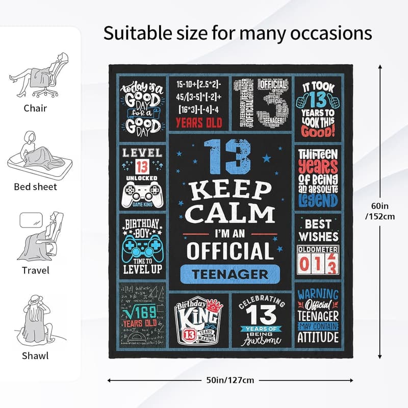 Funny 13th Birthday Throw Blanket for Boys, 60 x 50 Inch