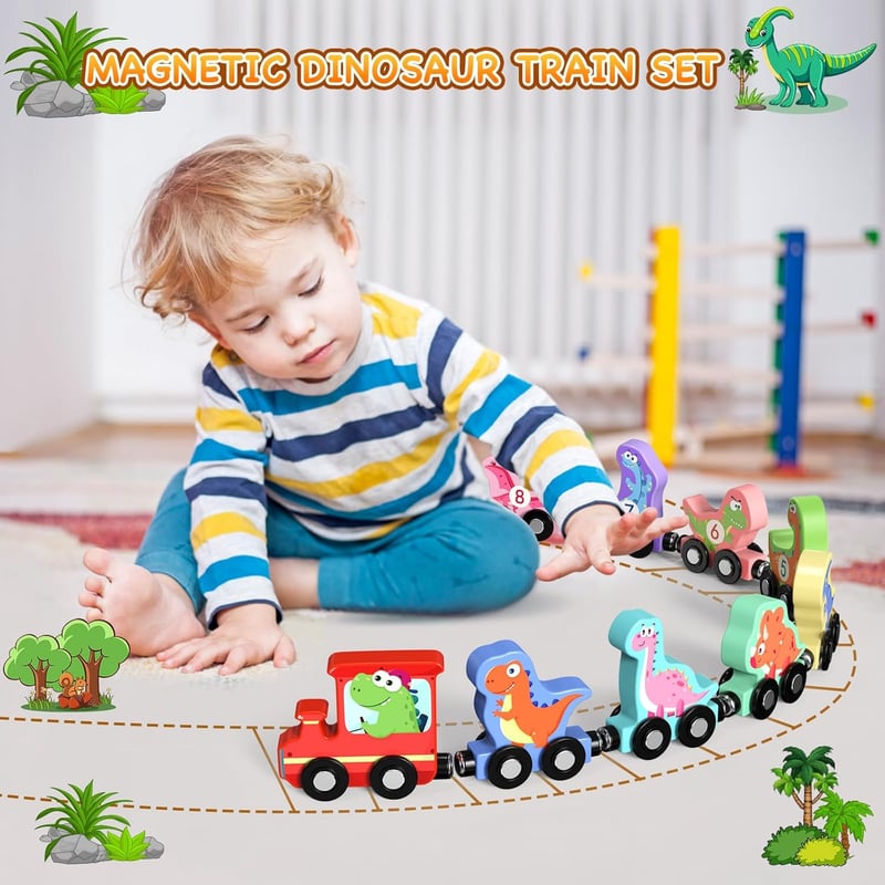 Montessori Dinosaur Train Set – 11 Magnetic Wooden Toys for Toddlers