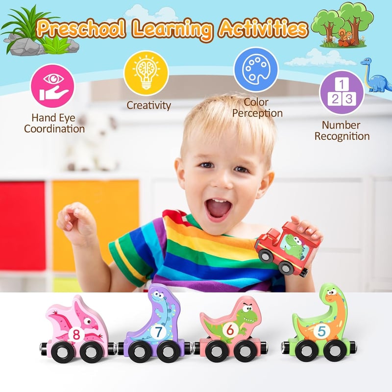 Montessori Dinosaur Train Set – 11 Magnetic Wooden Toys for Toddlers