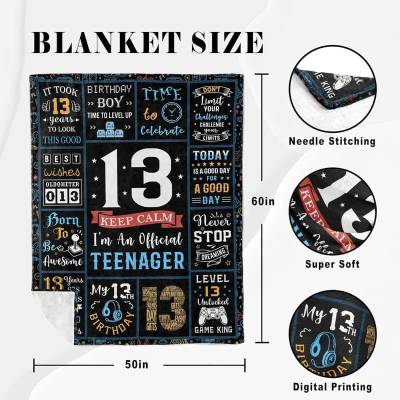 13th Birthday Throw Blanket for Boys, 60x50in Cool Gift
