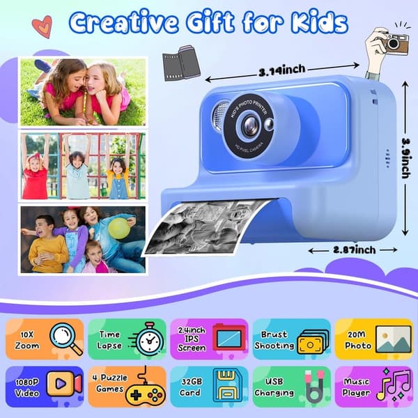 Kids Instant Print Camera - Birthday Gift for Ages 3-12, Blue