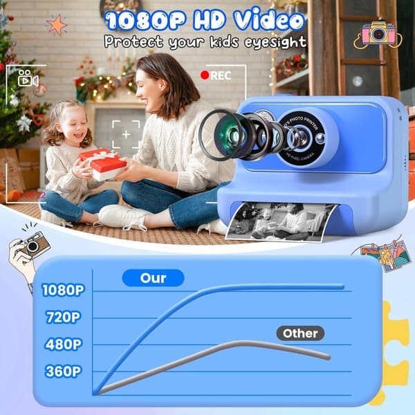 Kids Instant Print Camera - Birthday Gift for Ages 3-12, Blue
