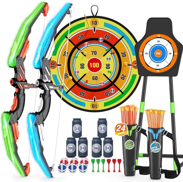LED Light Up Bow and Arrow Set with Dart Board for Kids