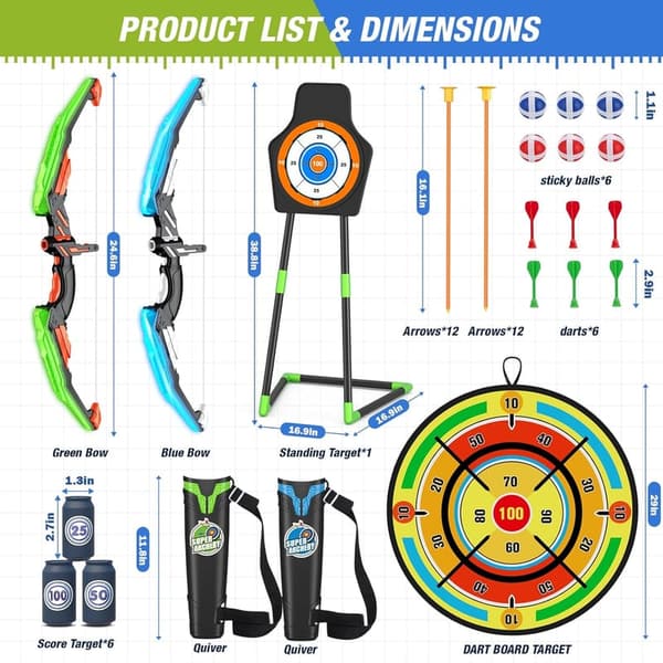 LED Light Up Bow and Arrow Set with Dart Board for Kids