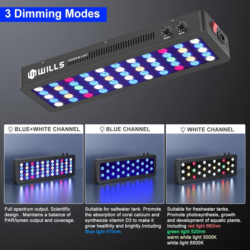 Reef Aquarium Light with Dual Dimmable Channels - 165W