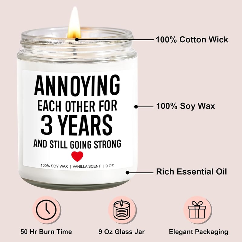 3rd Anniversary Funny Scented Candle - 9 oz Gift for Couples