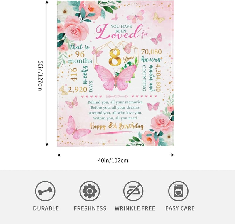 8th Birthday Gift Blanket for Girls, 50