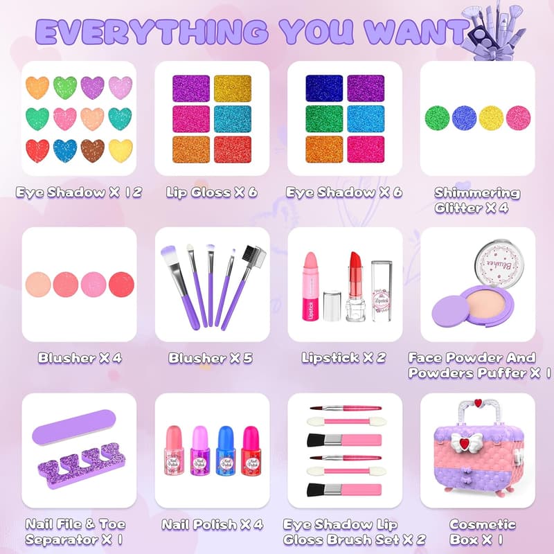 Kids Birthday Makeup Kit - 54 Pcs Washable Cosmetic Set