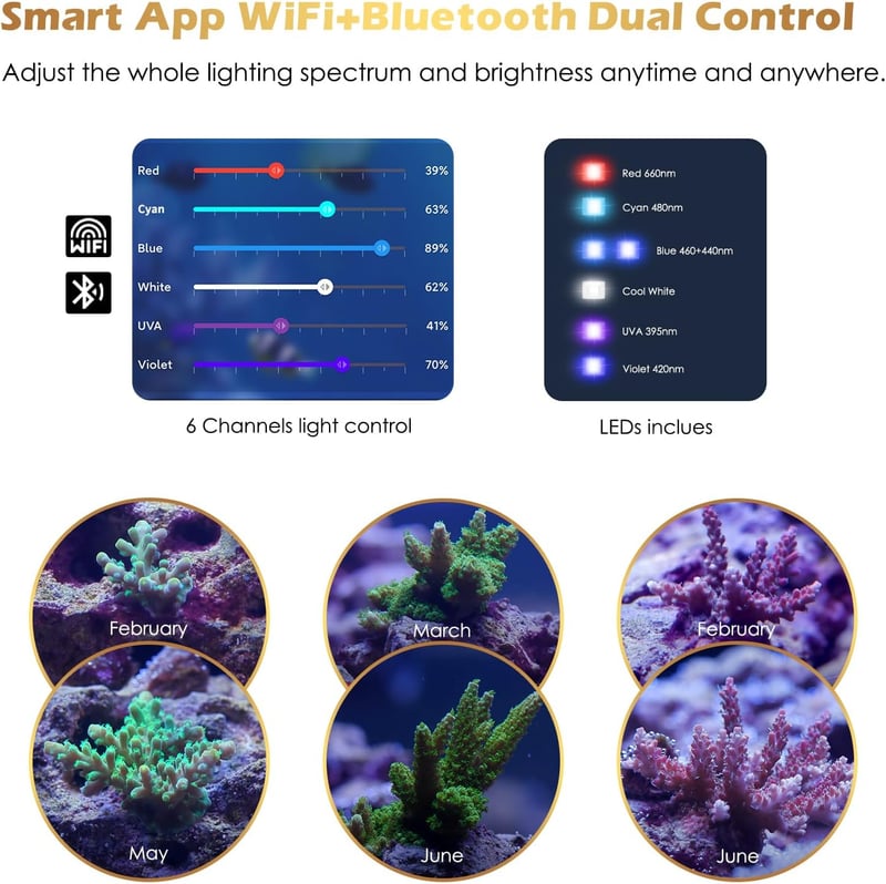 Smart LED Aquarium Light with Bluetooth/WiFi Control, Adjustable