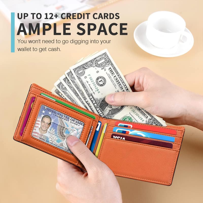 Men's RFID Blocking Slim Leather Wallet with 11 Card Slots