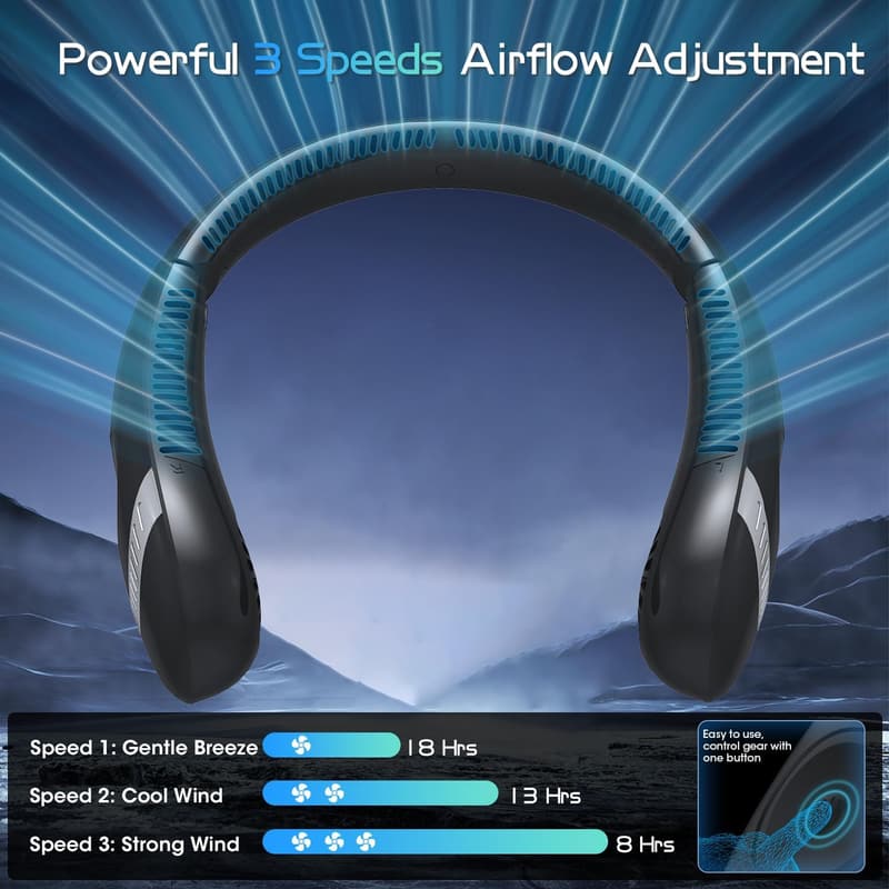 Portable 360° Bladeless Neck Fan - Rechargeable, 3 Speeds