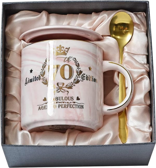 70th Birthday Pink Marble Coffee Mug for Women - 14Oz