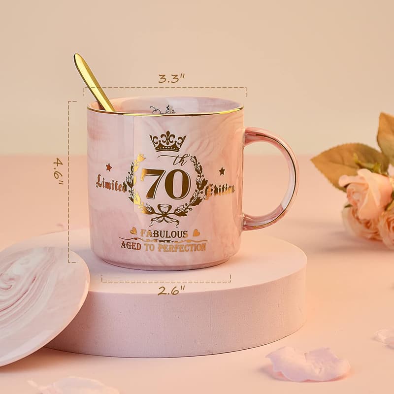 70th Birthday Pink Marble Coffee Mug for Women - 14Oz