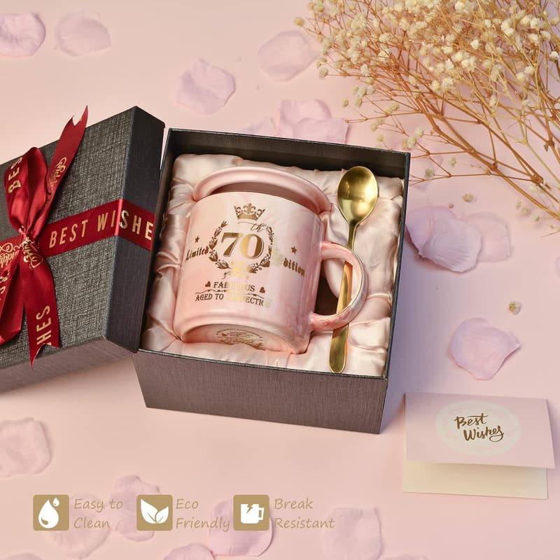 70th Birthday Pink Marble Coffee Mug for Women - 14Oz
