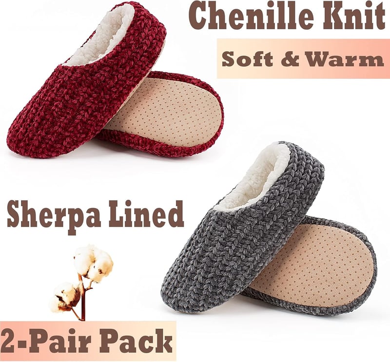 Warm Sherpa-Lined Women's Slipper Socks with Grippers - 2 Pair