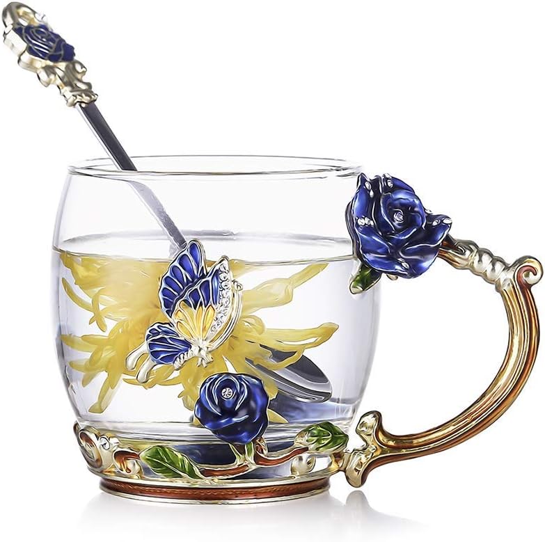 Personalized Blue Butterfly Flower Glass Mug with Spoon for Women