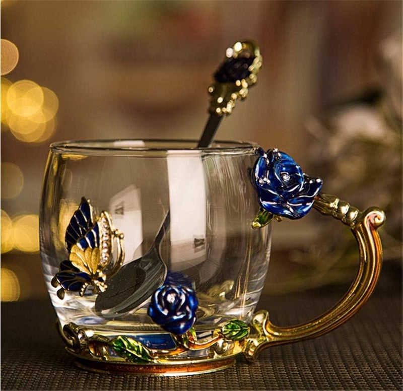 Personalized Blue Butterfly Flower Glass Mug with Spoon for Women