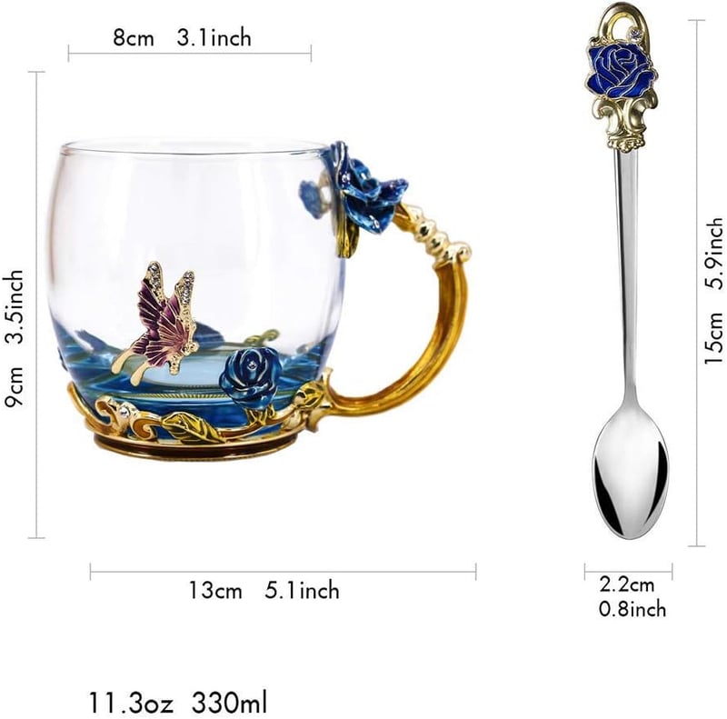 Personalized Blue Butterfly Flower Glass Mug with Spoon for Women
