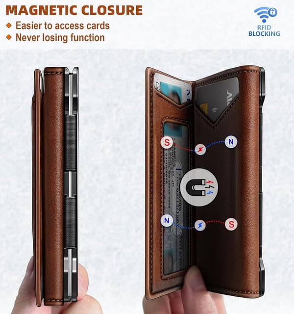 Slim Leather Wallet for Men with Magnetic Closure and 14-Card Capacity