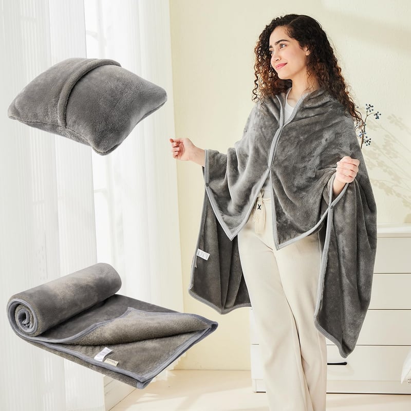 Wearable Fleece Shawl Blanket Pillow for Travel & Home