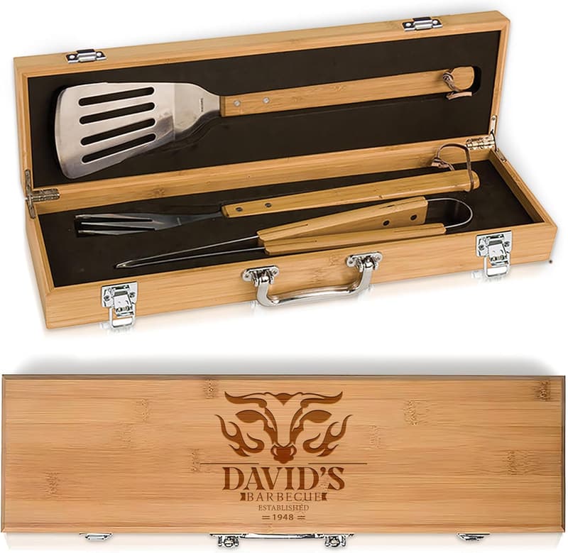 Personalized BBQ Tool Set with Bamboo Box - Unique Gift for Him