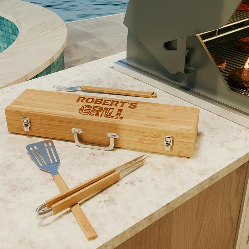 Personalized BBQ Tool Set with Bamboo Box - Unique Gift for Him