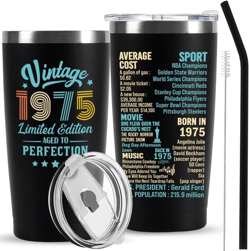 50th Birthday Tumbler Gift for Men and Women, Since 1975