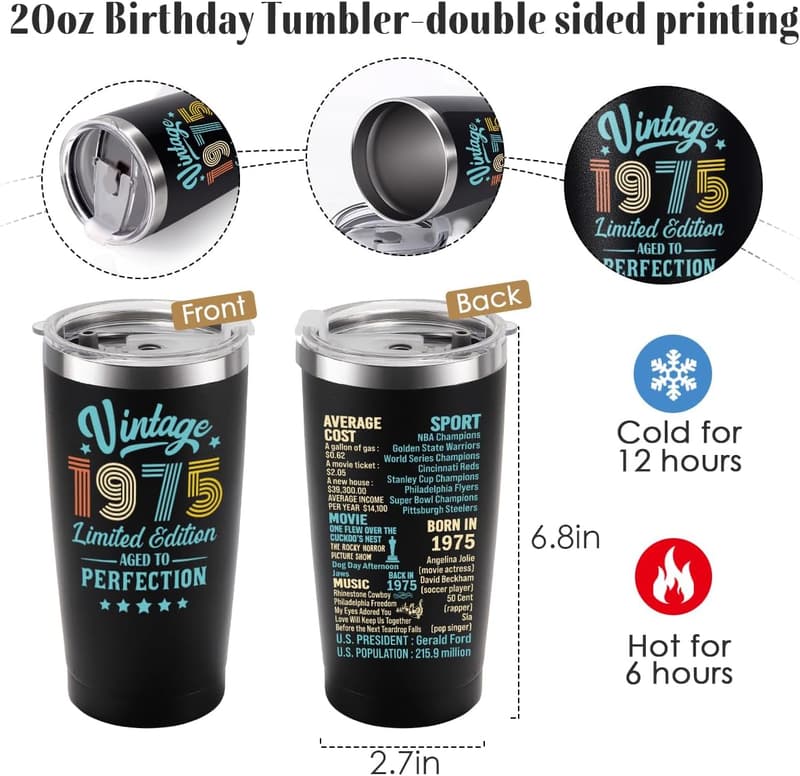 50th Birthday Tumbler Gift for Men and Women, Since 1975