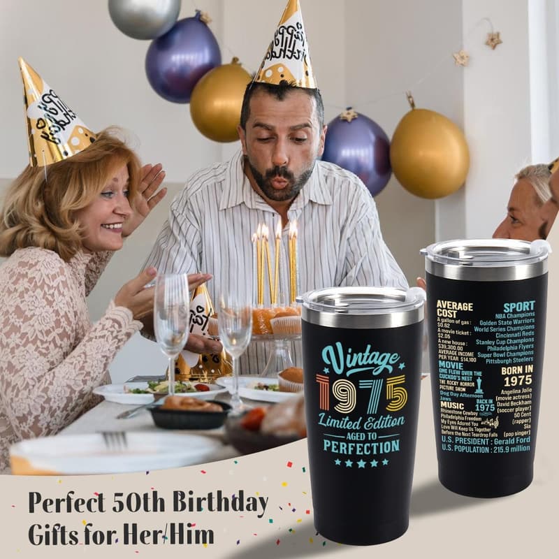 50th Birthday Tumbler Gift for Men and Women, Since 1975