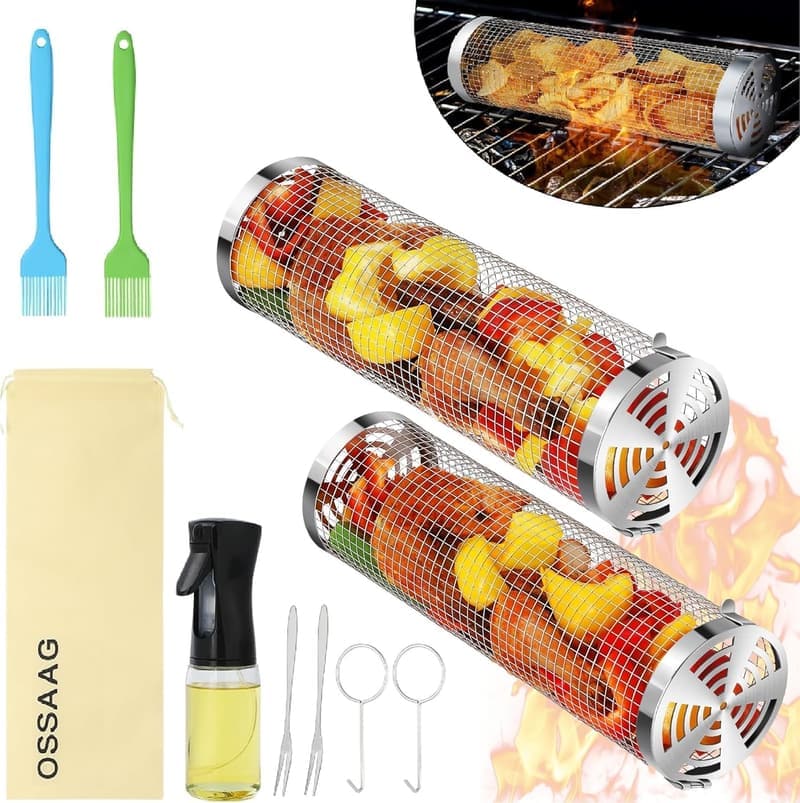 Stainless Steel BBQ Grill Baskets - 2 Piece Set for Vegetables & Seafood