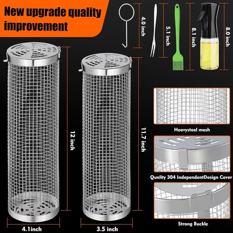 Stainless Steel BBQ Grill Baskets - 2 Piece Set for Vegetables & Seafood