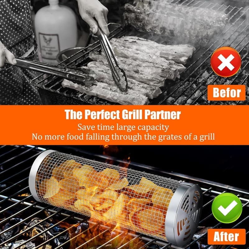 Stainless Steel BBQ Grill Baskets - 2 Piece Set for Vegetables & Seafood