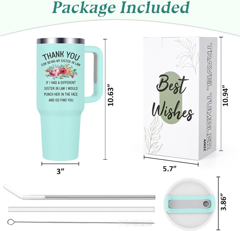 Sister-in-Law Gift: 40oz Mint Green Tumbler with Handle