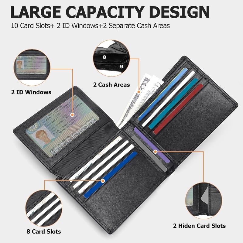 Genuine Leather RFID Bifold Wallet for Men with 2 ID Windows