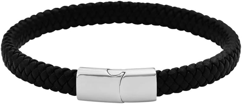 Men's Braided Genuine Leather Bracelet with Stainless Steel Closure