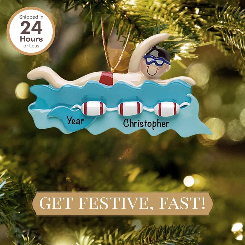 Personalized Boy Swimmer Christmas Ornament 2024 - Gift Boxed