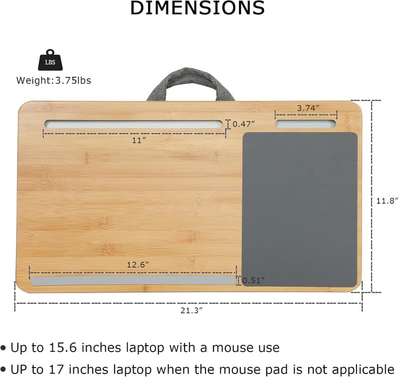 Oversized Bamboo Laptop Lap Desk with Cushion and Handle