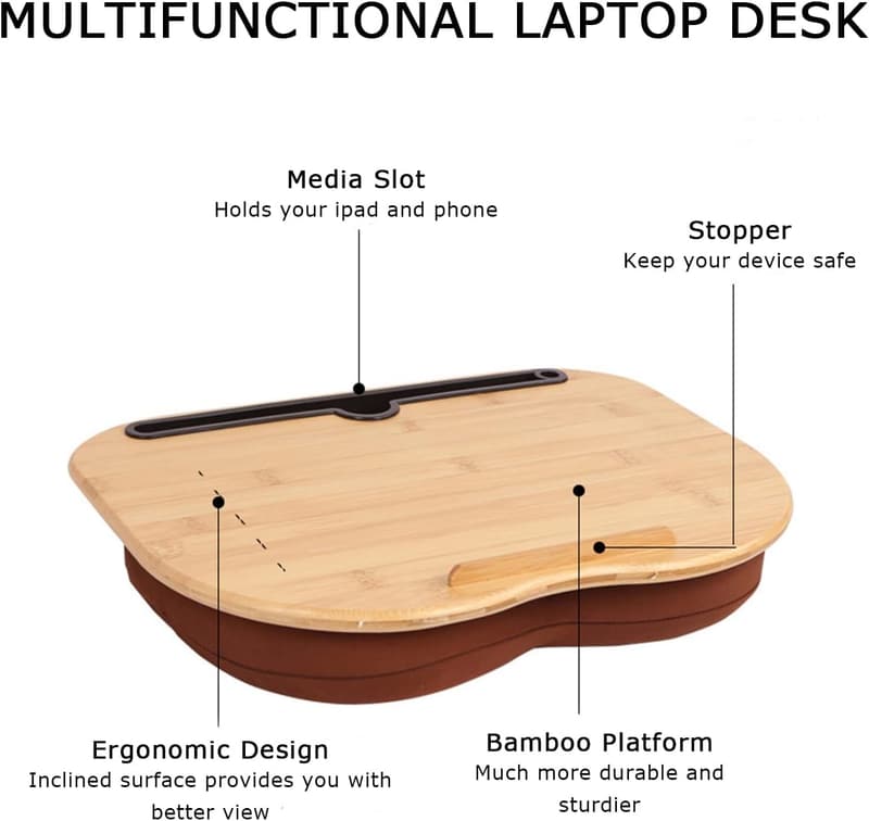 Portable Bamboo Lap Desk with Cushion and Phone Holder
