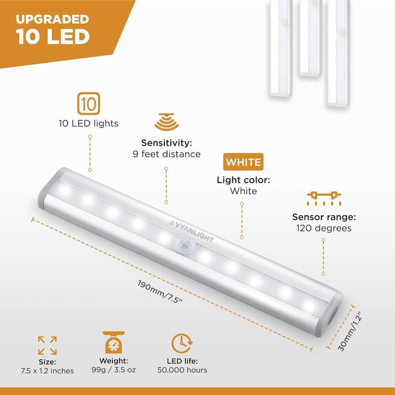 LED Motion Sensor Under Cabinet Lights - Battery Operated, 3 Pack