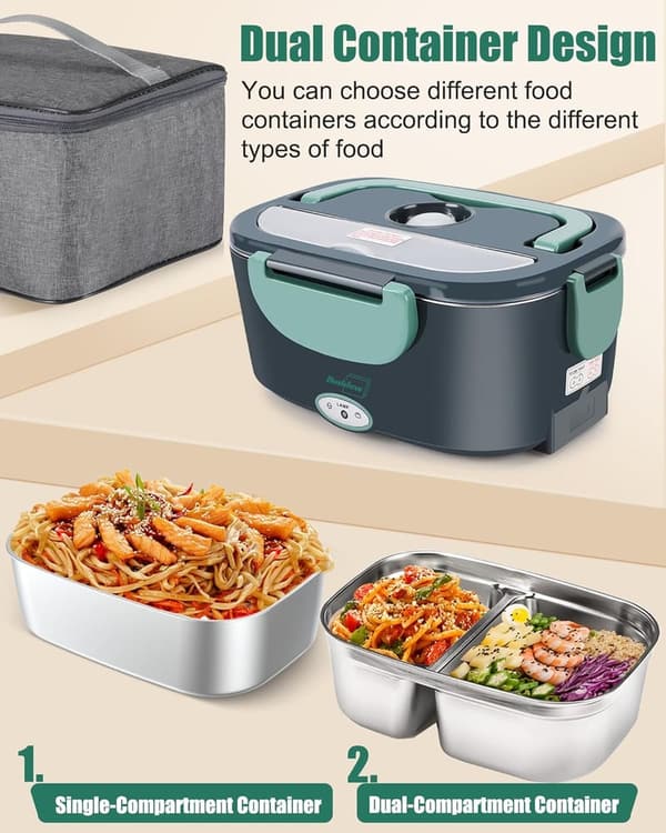 Portable Electric Lunch Box Heater with Dual Containers - Green