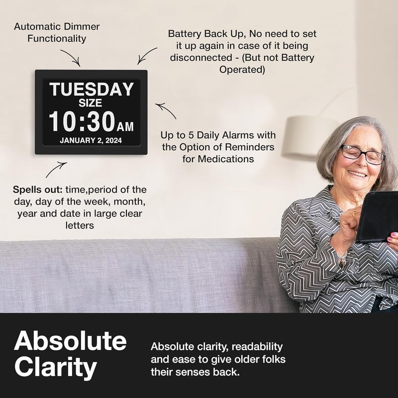 Large 15-Inch Dementia Clock for Seniors with Custom Alarms