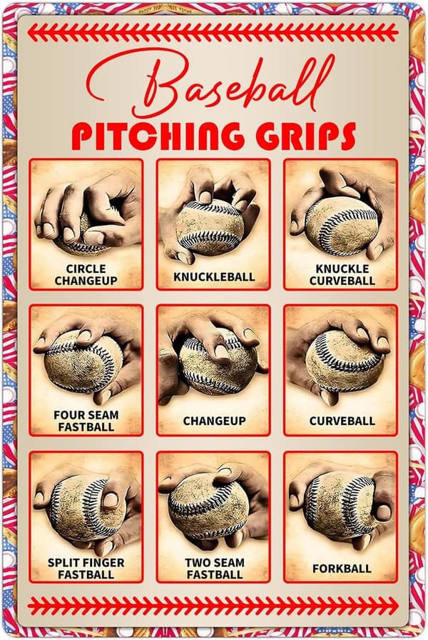 Baseball Pitching Grips Sign for Boys' Room Decor 8x12 Inch