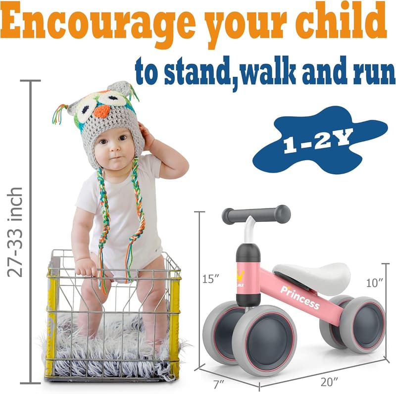 1st Birthday Baby Balance Bike - 4-Wheel Ride-On Toy for Girls