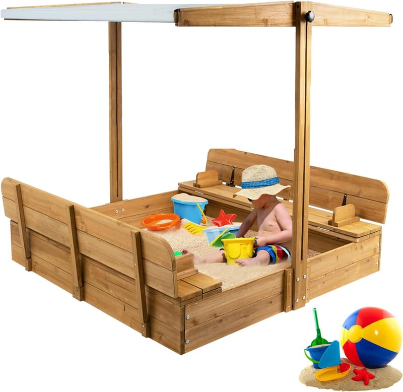 Kids' Outdoor Wooden Sandbox with Canopy & Foldable Benches
