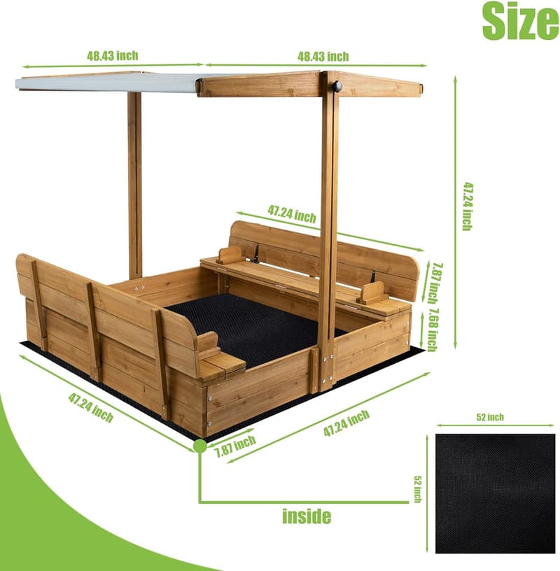 Kids' Outdoor Wooden Sandbox with Canopy & Foldable Benches